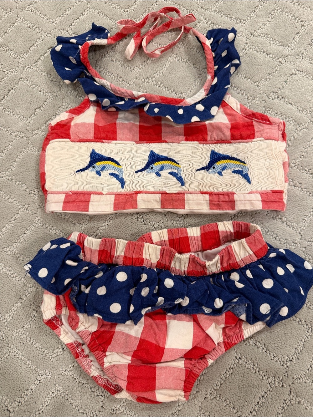 Red & Blue Gingham Kids Two-Piece Bikini with Marlin Smocking